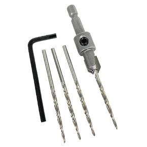 #4 (7/64") Tungsten Carbide Tipped Countersink Drill Bit with 3 Replacement Tapered Drill Bits, 1/4 Inch Quick Change Hex Shank and Allen Wrench