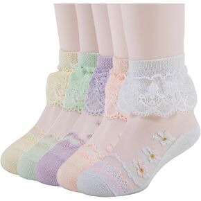 5 Pairs Girl Ruffle Socks Cotton Lace Frilly Socks Dress Socks Princess Pageant Socks for Toddler Infant Kids Girls