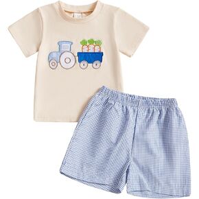 Baby Boy Appliqued Tractor T Shirt Shorts Set Toddler Boy Brother Matching Outfit Summer Clothes