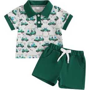 Infant Toddler Baby Boy Golf Outfit Summer Lapel Collar Short Sleeve Button T-shirt Shorts Pants Set 2Pcs Golfing Clothes