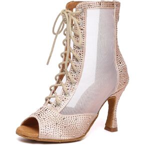 Women's Open Toe Dance Boots Mesh Lace up Ankle Boots Rhinestone Ballroom Dance Shoes