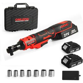 Cordless Ratchet Wrench 3/8, 21V Electric Ratchet Wrench, Battery Ratchet Wrench Set, Included 6 Sockets and Charger, Variable Speed & LED Light