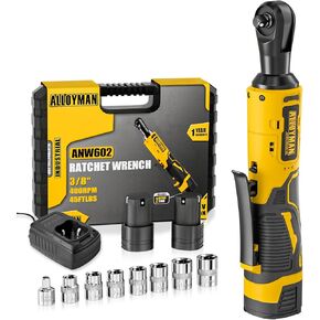 Alloyman 16.8V Cordless Electric Wrench Kit, 400 RPM 3/8 Inch Power Ratchet Wrench with Variable Speed Trigger 2-Pack 2.0Ah Li-Ion Batteries, 7 Sockets, 1/4in Adapter & 1-Hour Fast Charger