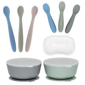 WeeSprout 2 Silicone Suction Bowls, 3 Self Feeding Baby Spoons & 3 Toddler Spoons Bundle - Soft-Tip Utensils Dinnerware - Dishwasher & Microwave Safe - Travel Case Included