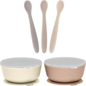 WeeSprout 3 Silicone Baby Spoons & 2 Bowls with Lids Bundle - Soft-Tip, Bendable Feeding Utensils - Durable, Travel-Friendly, Dishwasher Safe - Brown & Beige