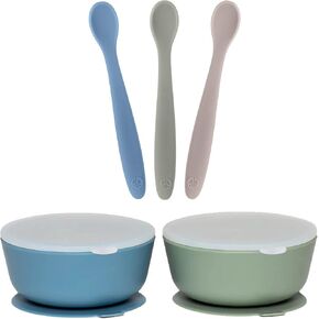 WeeSprout 3 Silicone Baby Spoons & 2 Bowls with Lids Bundle - Soft-Tip, Bendable Feeding Utensils - Durable, Travel-Friendly, Dishwasher Safe - Blue & Green