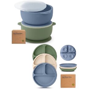 Keababies 2-Pack Baby Bowls with Suctions, Lids and Suction Plates for Baby, Toddler - Silicone Bowls BPA-Free
