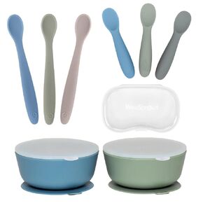 WeeSprout 2 Silicone Suction Bowls, 3 Self Feeding Baby Spoons & 3 Toddler Spoons Bundle - Soft-Tip Utensils Dinnerware - Dishwasher & Microwave Safe - Travel Case Included