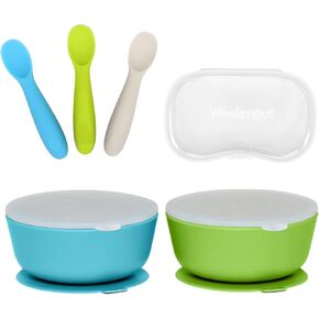 WeeSprout 2 Suction Bowls & 3 Baby Spoons with Travel Case Bundle - Silicone Baby Feeding Essentials - Leak-Proof Bowls with Lids - Soft Self-Feeding Spoons - Dishwasher Safe Toddler Dinnerware