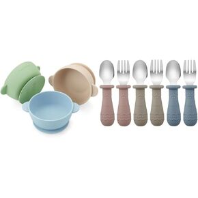 PandaEar 3 Pack Baby Bowls & Toddler Utensils (Blue/Brown/Red)