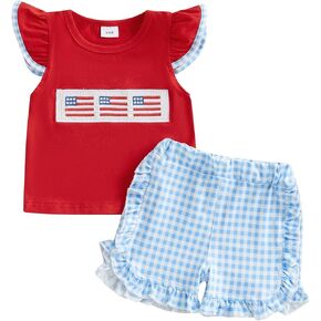Toddler Baby Girl 4th of July Outfit American Flag Embroidery Fly Sleeve T-Shirt Top Plaid Ruffle Hem Shorts Set