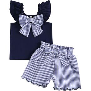 Baby Girl Summer Outfits Bow Fly Sleeve T Shirt Top Gingham Plaid Ruffle Shorts Trendy Toddler Clothes Set