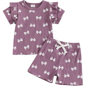 MERSARIPHY Toddler Baby Girl Summer Clothes Ruffle Ribbed Knit Short Sleeves Cute Bow Printed T Shirt Tops and Shorts Outfit