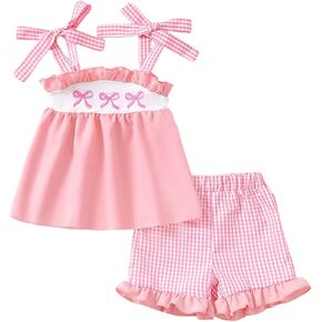 Toddler Baby Girls Summer Outfit Sleeveless Bow Embroidery Top With Plaid Shorts For Infant Girl Spring Clothes Set