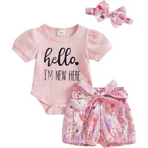 Hello Im New Here Newborn Outfit Girl Infant Premise Going Home Outfits Ribbed Romper Shorts Set Baby Summer Clothes