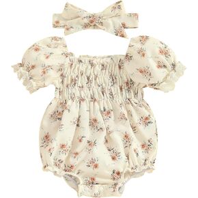 Summer Outfit Infant Baby Girl Short Sleeve Romper Floral Bodysuit Headband Set Summer Clothes