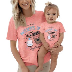 Our First Mothers Day Matching Outfit Mommy and Me T-Shirt Newborn Baby Girl Romper Milk Bottle Onesie New Mom Shirt