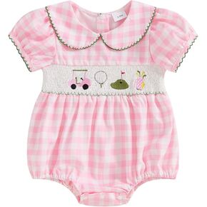 Newborn Infant Baby Girl Golf Outfit Smocked Bubble Romper Ruffle Sleeveless Bow Bodysuit Cute Summer Clothes