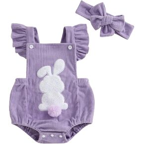 Newborn Baby Girl Easter Outfit Bunny Carrot Embroidery Ruffle Sleeve Romper Bodysuit Jumpsuit with Headband Outfit