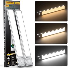 Under Cabinet Lights,76 LED Operated Motion Sensor Light Indoor,1500mAh USB Rechargeable Closet Lights, 2 Pack Magnetic Dimmable Closet Lights，Wireless Under Counter Lights for Kitchen, Stairs