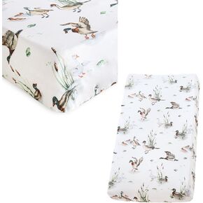 LifeTree Muslin Crib Sheets 28 in x 52in and Changing Pad Cover 16 in x 32 in, Soft 70% Viscose from Bamboo and 30% Cotton, Mallard Duck & Olive Green