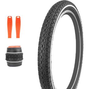 MEGHNA Bike Tire 20/24/26 x 2.125 inch Mountain Bike Tire with Bike Tube A/V 48mm & Tire Lever White Wall Foldable Tire Replacement for Cruiser Bike Kids Bike Mountain Bike Folding Bike City Bike
