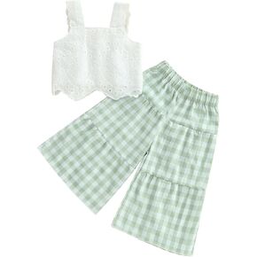 2PCS Baby Girl Strap Crop Tops Eyelet Embroidery Cami + Plaid Flared Wide-Leg Capris Pants Sets