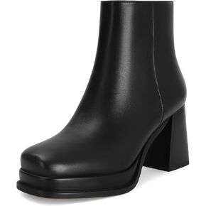 منصة الجلود السوداء للسيدات Gogo Gogo Onkle Boots Square Toe Tee High Chunky Block Heels مع Back Zipper Comfort Party Bress Boundies Shoes