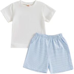 Thorn Tree Toddler Boys Shorts Set Solid Short Sleeve T-Shirt Strip Pocket Shorts Casual Outfits Summer Clothes