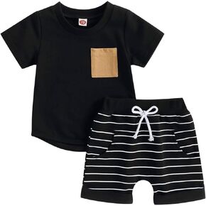 FOMOYUU Toddler Baby Boy Summer Outfit Patchwork Short Sleeve T Shirt Top Casual Shorts Set Infant Newborn Clothes