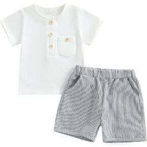 Toddler Boy Summer Clothes Pocket Button Collar Short Sleeve T-Shirt Strip Shorts 2Pcs Outfits Set