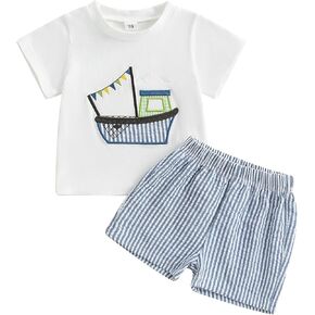 طفل طفل طفل رضيع الصيف ملابس قصيرة الأكمام قارب الصيد تي شيرت Tees مخططة سراويل قصيرة