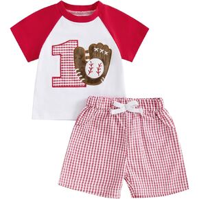 Kayotuas Baby Boy Summer Clothes Toddler Baseball Outfit 1st/2nd Birthday Outfits Applique T-Shirt Top and Gingham Shorts Set
