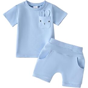 Noubeau Toddler Baby Boy Easter Outfit Bunny Rabbit Skin Ear Pocket Short Sleeve T-Shirt Top Shorts Set Infant Summer Clothes