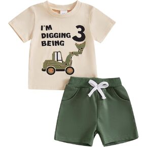 Bagilaanoe Summer 2nd/3rd Birthday Outfit Toddler Baby Boy Birthday Clothes Tractor Short Sleeve T-Shirt Top and Shorts Set