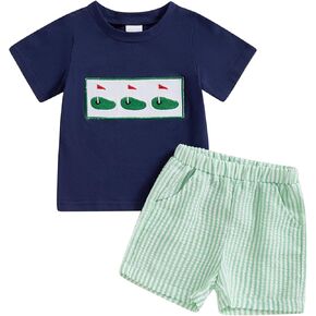 Toddler Baby Boy Golf Outfits 2Pcs Summer Clothes Sets Embroidery Golf Car Short Sleeve Shirt and Striped Shorts Set