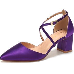 Elivandon J1586 Women's Satin Pointed Toe Mid-Heel Evening Sandals 2.36 inches Block Heel Bridal Party Wedding Pumps with Long Strap