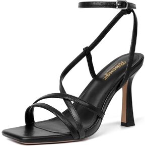 RIBONGZ Strappy Stiletto Kitten Heels Ankle Strap Sexy Heeled Sandals for Women Square Open Toe High Heels Wedding Bride Party Prom Dress Shoes