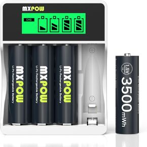 Lithium Batteries AA 4 Pack with Charger, 3400mWh High Power Lithium,1.5V Rechargeable Li-ion Batteries AA 1400+ Cycles (LCD Charger+4Pack-3400mWh)