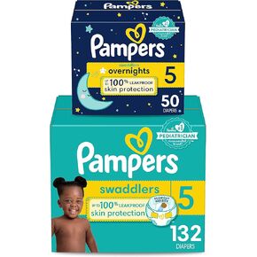 Pampers Disposable Diapers Size 5, Swaddlers 132 Count + Overnight (50 Count)