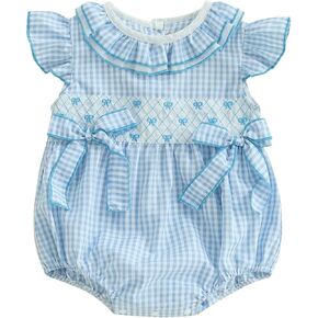 طفلة طفلة الصيف رومبير الزي الكشكش قصير الأكمام bodysuit القوس تطريز بذلة منقوشة 0-18M