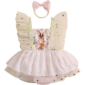 DSORVICD Newborn Baby Girls Easter Romper Dress Fly Sleeve Bunny Print Lace Tulle Patchwork Backless Jumpsuit with Headband