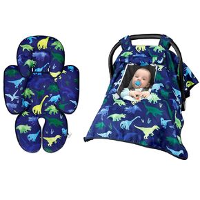 Baby Carseat Cover & Head Support for Boys, Blue Dinosaur Newborn Carseat Canopy with Peep Windows, Infant Car Seat Insert for Stroller, Bouncer, Swing