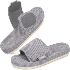 HomeTop Women's Corduroy Open Toe Slippers with Adjustable Closure Memory Foam