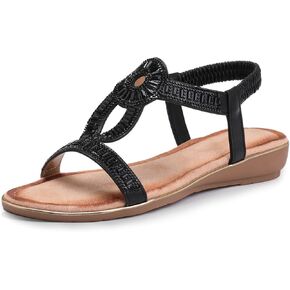 FRALOSHA Flat Sandals for Women Dressy Elastic Ankle Strap Rhinestone Casual Summer Beach Comfortable Shoe