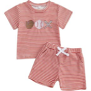 Toddler Baby Boy Girl Baseball Outfit Stripe Embroidery Short Sleeve T Shirt Tops Shorts Set Casual Summer Clothes