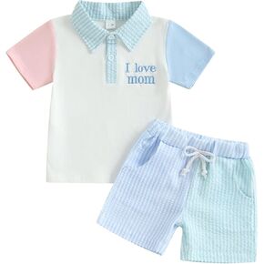 Gueuusu Toddler Baby Boy Girl Mother’s Day Outfit I Love Mom Embroidery Collared Shirt Striped Shorts Color Block Clothes Set