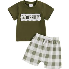 MERSARIPHY Infant Baby Boy Summer Clothes Mama's Boy Little Dude Short Sleeve T Shirt Plaid Shorts Set Toddler Boy Outfit