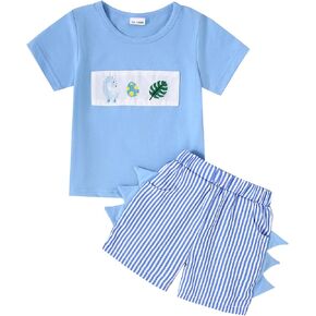 Toddler Boy Summer Clothes Embroidery Dinosaur Short Sleeve T-Shirt and Striped Elastic Waist Shorts Outfits Set