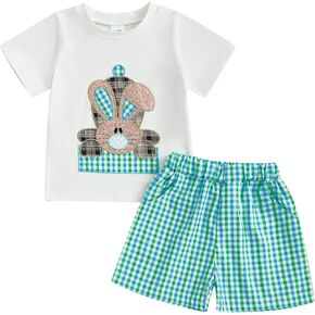 Toddler Baby Boy Easter Rabbit Outfit Short Sleeve Bunny Carrot Smocked T-shirt Elastic Waist Shorts Summer Clothes